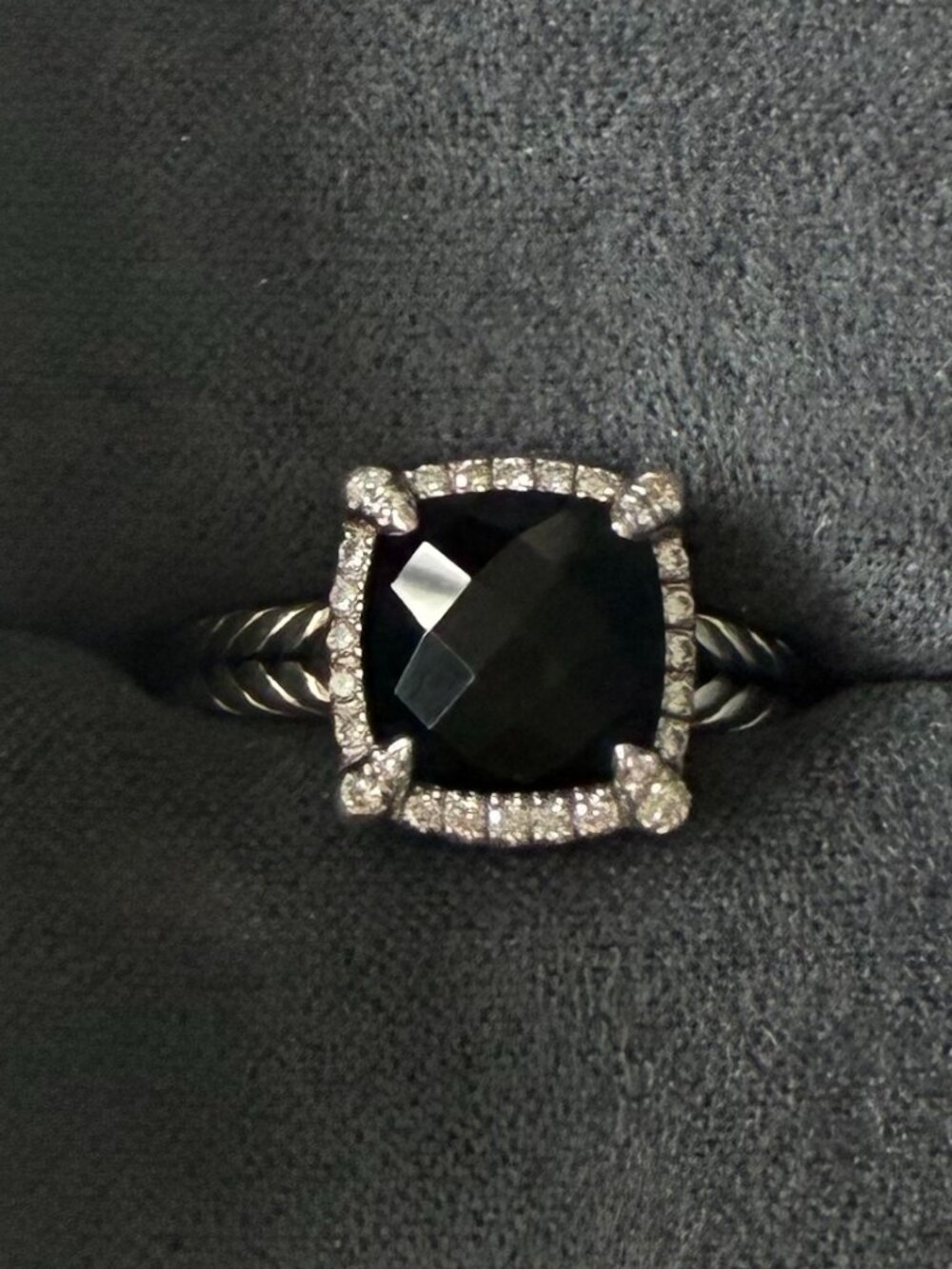 Authentic David Yurman Sterling Silver Black Onyx & Pave Diamond Albion Ring